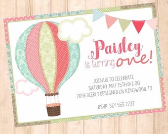 Colorful Hot Air Balloon Girly Birthday (Printable) Invitation File : 5x7