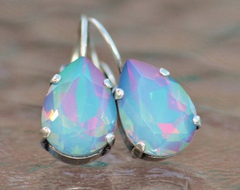 NEW Opal Rainbow Pear Teardrop Earrings,Swarovski Rhinestone Drop,Swarovski Opal Dangle,Lever Back,Antique Silver,Unique,Small Pear Earring