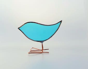 Turquoise blue Stained Glass Standing Bird Ornament, turquoise glass, bird lover gift, Glass bird, Mothers day gift, bird gift