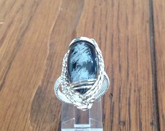 Handcrafted Wire Wrapped Sculptured Ring with Snowflake Obsidian Stone size 8