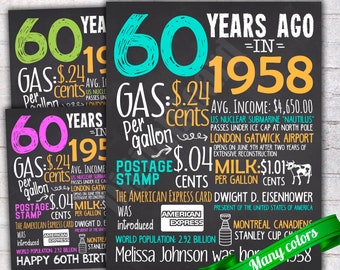 60th Birthday Chalkboard Sign Poster Personalized Birthday Poster Sign Printable / 60 years ago Back in 1958 USA Events / Gift - P418