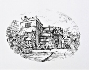 Caren Taylor ORIGINAL Art Pen and Ink Drawing *Turton Tower* with *FREE SHIPPING!* An historic Tudor House set in the Lancashire countryside