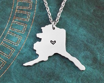 Alaska Necklace, Personalized Jewelry, Hand Stamped Necklace, Long Distance Relationship, State Necklace, Map Necklace, Heart State Necklace