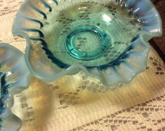 Beautiful Fluted Glass with Frosted Tips in an Iridescent Aqua Dish