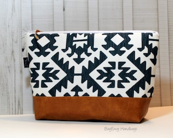 Aztec in Gunmetal with Vegan Leather - Large Make Up Bag / Diaper Clutch / Bridesmaid Gift