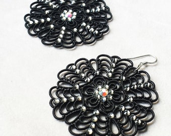 Black Swarovski statement earrings, Vintage Lucite Filigree, Valentine's gift for her, Anniversary gift for wife, Lightweight earrings