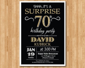 Surprise 70th birthday invitation. Chalkboard. Gold Glitter Birthday Party invite. 40th 50th 60th 70th 80th 90th Any age. Printable digital.