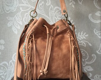 Bucket purse, crossbody fringe bag, fringed purse, leather bag women