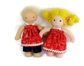 Red play dress for your 8 inch Waldorf doll dress and denim pants, slim doll dress, tiny doll dress, handmade cotton doll dress