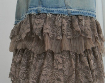 SALE Mocha Crème ruffled lace jean skirt Seven for All Mankind bohemian Renaissance Denim Couture taupe vintage fairy goddess mermaid