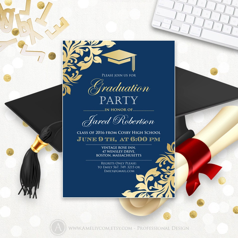 graduation announcement printable navy gold college graduation