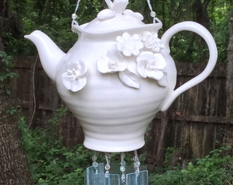 White Floral Teapot Upcycled into a Windchime, with Streaky White Stained Glass Chimes