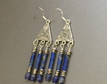 Bohemian Silver Triangle Dangle Earrings, Sodalite Chandelier Earrings, Blue Silver Dangle Earrings, Hippie Boho Triangle Earrings