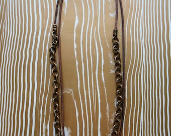 Gray Brown Leather and Antique Brass Chain Extra Long Necklace - 42" in length