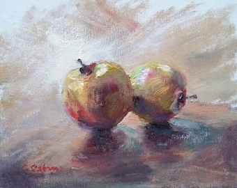 Oil painting Still life, green and red apples, 10x8in Fruit Painting, impressionist style art