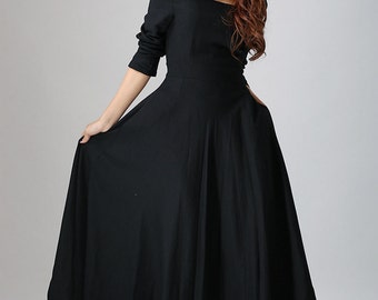 black dress linen, maxi dress, long sleeves dress, prom skirt, party dress, little black dress, custom dress, plus size dress, gift (793)