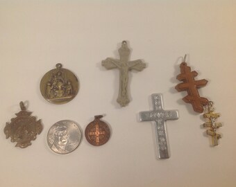 Vintage catholic religious jewelry catholic pendants crosses, vintage catholic relics crucifix lot crosses destash, antique religious lot,