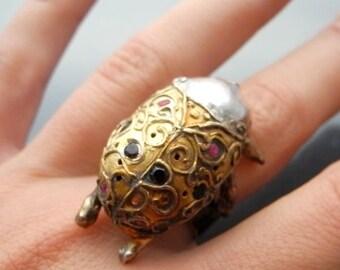 Beetle ring - silver gold plated ring, rubies, garnets, insect ring, art nouveau jewelry, rekami stworzone, exclusive jewelry, statement rin
