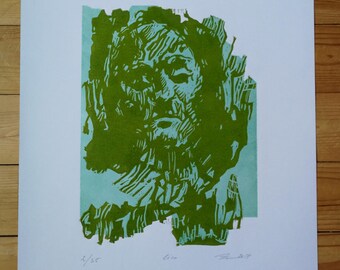 Dreamer (two color) linocut, print, wall decor, art, relief print, art gift, portrait