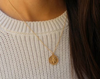 Virgin Mary Necklace, Coin Pendant Necklace, Medallion Necklace, Gold Coin Necklace, Layering Necklace, Miraculous Medal Necklace