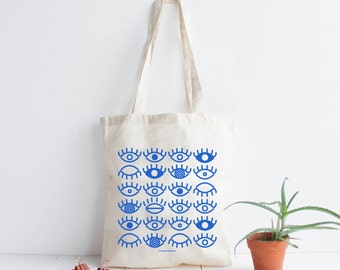 Sac tote bag coton naturel Oeil Yeux / sérigraphie bleue / sac course / motif