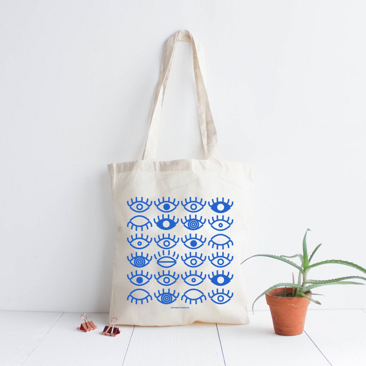 Sac tote bag coton naturel Oeil Yeux / sérigraphie bleue / sac