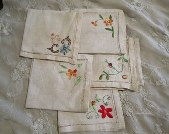 Vintage Embroidered Linen Napkins set of 5