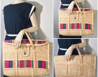 VINTAGE OVERSIZED WEEKENDER // Vintage Straw Beach Bag // Vintage Woven Mexican Straw Bag // Vintage Market Bag // Carry on Bag // Bohemian