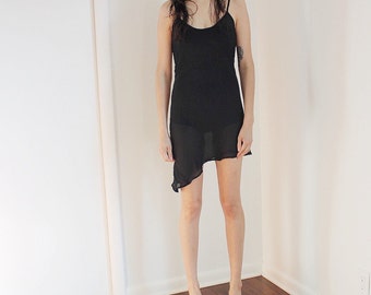 Vintage Black Sheer See Through Spaghetti Asymmetrical Dress S/M