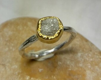 Raw Diamond Ring, Rough diamond Engagement Ring ,white Rough Diamond ring, Sterling Silver 22K Yellow Gold Ring