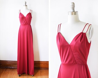 70s disco dress, vintage 1970s maxi dress, raspberry red grecian dress, jersey plunging neckline party dress, extra small/small