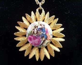 Vintage Porcelain Cabochon Lover Portrait Scene Necklace