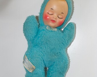 Commonwealth Blue Sleeping Baby Doll with Rattle 10"
