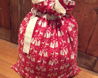 Red and Calico Quality Christmas Santa Sack, Hand Made, Large 54cm x 74cm, Fully Lined