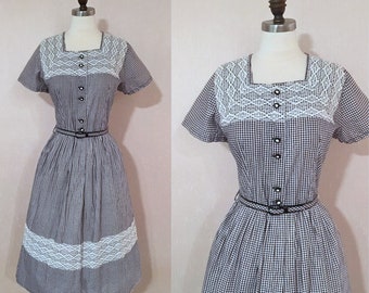 Vintage 1950s Black and White Gingham Lace Trim Day Dress with Rhinestone Buttons NOS