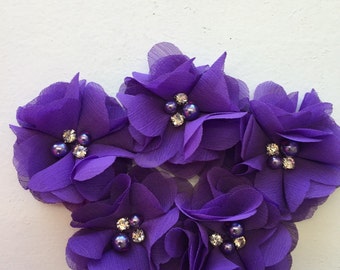 2.5" Purple Chiffon Flower with Pearl and Rhinestone Center set of 5