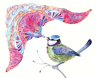 Singing Blue Tit, song bird aquarelle artwork print, size A3