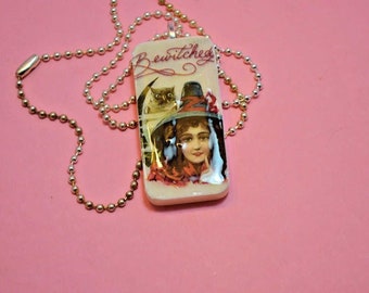 Bewitched WITCH & owl HALLOWEEN Domino Pendant necklace