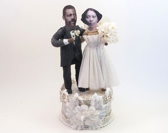 READY TO SHIP Vintage Style Spun Cotton Bride and Groom Wedding Topper Ooak