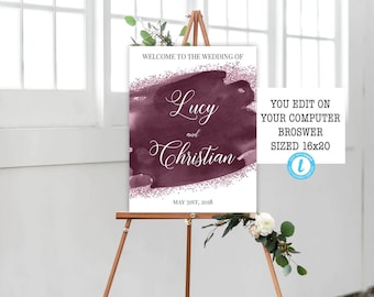 Burgundy Plum Watercolor Wedding Welcome Sign Printable Template, Wedding Welcome Sign, Printable, Editable, Instant Download, Watercolor