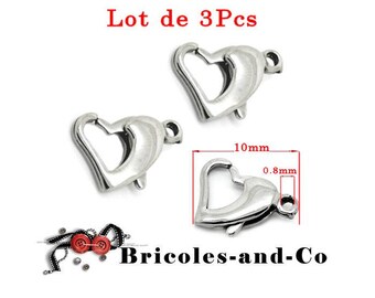 Silver tone heart lobster clasp, small size 10mm. Set of 3Pcs