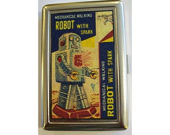 retro robot metal wallet vintage 1950's tin toy cigarette case ID holder kitsch