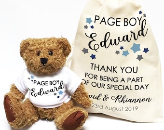 Personalised teddy bear Page Boy thank you wedding day gift. Mini usher wedding favor.