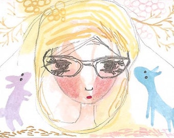 Original aceo, geeky art, hipster drawing, creature painting