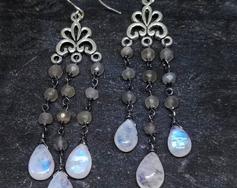 Rainbow moonstone earrings, moonstone chandelier earrings, chandelier earrings, long moonstone earrings, bohemian earrings by Lolafae.