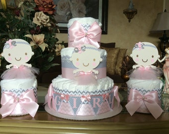 Baby girl diaper cakes set/Pink and grey diaper cakes/girl baby shower centerpieces/Elegant diaper cake/Elegant baby shower/Girl centerpiece