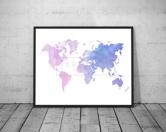 Watercolor World Map Art Print Magenta Pink & Purple Painting