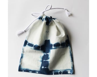 Drawstring bag, Pouch, Tie dye, Jewellery storage, Shibori, Toiletry storage, Organic, Blue, White, Bits and bobs, Natural dye, Make up bag