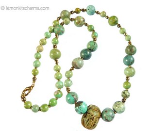 Vintage Scarab Necklace Rare 1920s Egyptian Revival Stone in