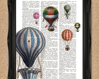 Vintage Hot Air Balloons Dictionary Print Upcycled Book Art 8x10 A128
